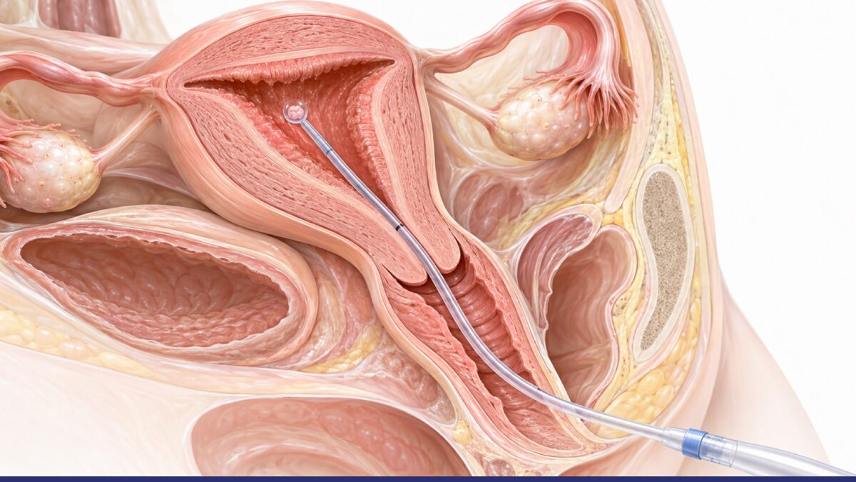 IVF embryo transfer procedure showing an embryo being placed into the uterus