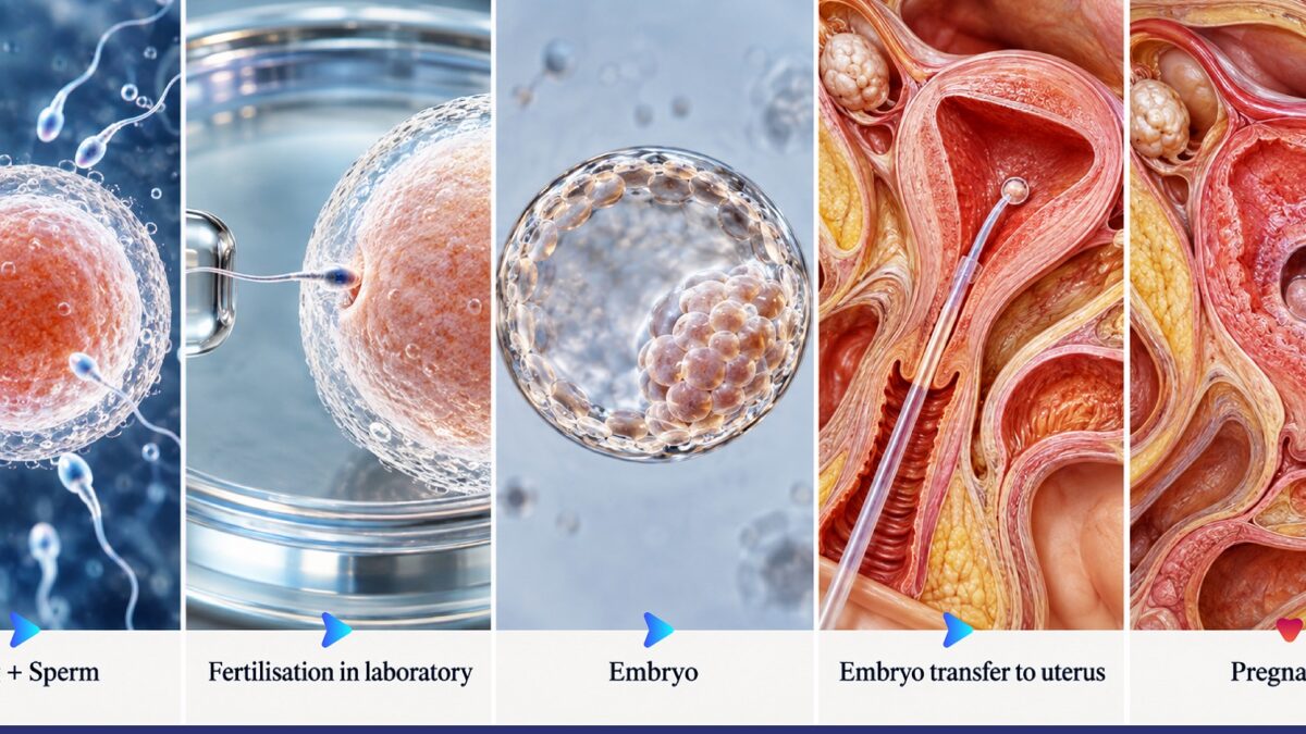 IVF process showing egg and sperm fertilisation in a laboratory followed by embryo transfer to the uterus