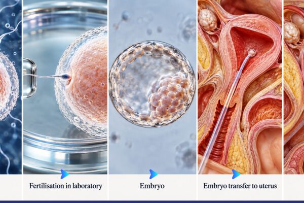 IVF process showing egg and sperm fertilisation in a laboratory followed by embryo transfer to the uterus